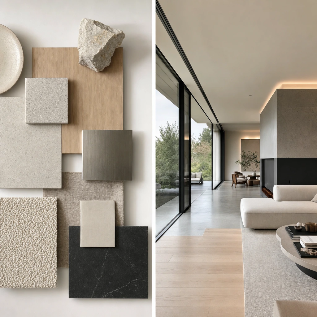 Neutral material palette — stone, oak, steel and fabric samples