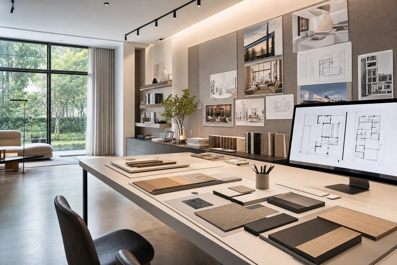 The Miso Interiors studio with material samples and project plans